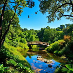 A serene landscape depicting a tranquil river flowing through a lush, green forest