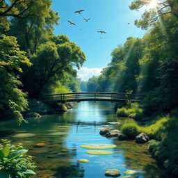 A serene landscape depicting a tranquil river flowing through a lush, green forest