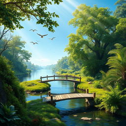 A serene landscape depicting a tranquil river flowing through a lush, green forest