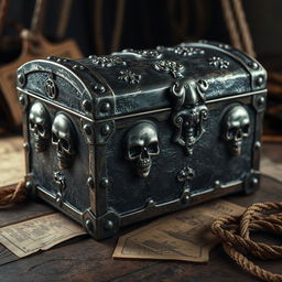 A dark silver pirate chest adorned with menacing skull motifs intricately carved into the metal, each skull unique and detailed, symbolizing pirate lore