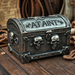 A dark silver pirate chest adorned with menacing skull motifs intricately carved into the metal, each skull unique and detailed, symbolizing pirate lore