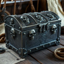 A dark silver pirate chest adorned with menacing skull motifs intricately carved into the metal, each skull unique and detailed, symbolizing pirate lore