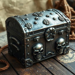 A dark silver pirate chest adorned with menacing skull motifs intricately carved into the metal, each skull unique and detailed, symbolizing pirate lore