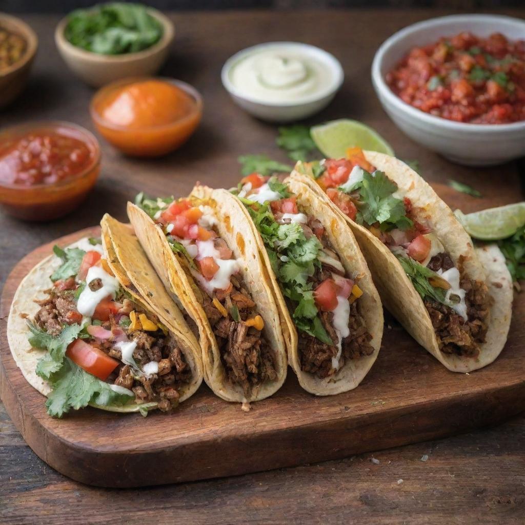 A vibrant street food scene showcasing $1 tacos. The tacos are filled with juicy grilled meat, fresh greens, chunky salsa, and a sprinkle of cheese, served on a rustic wooden stand.