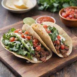 A vibrant street food scene showcasing $1 tacos. The tacos are filled with juicy grilled meat, fresh greens, chunky salsa, and a sprinkle of cheese, served on a rustic wooden stand.