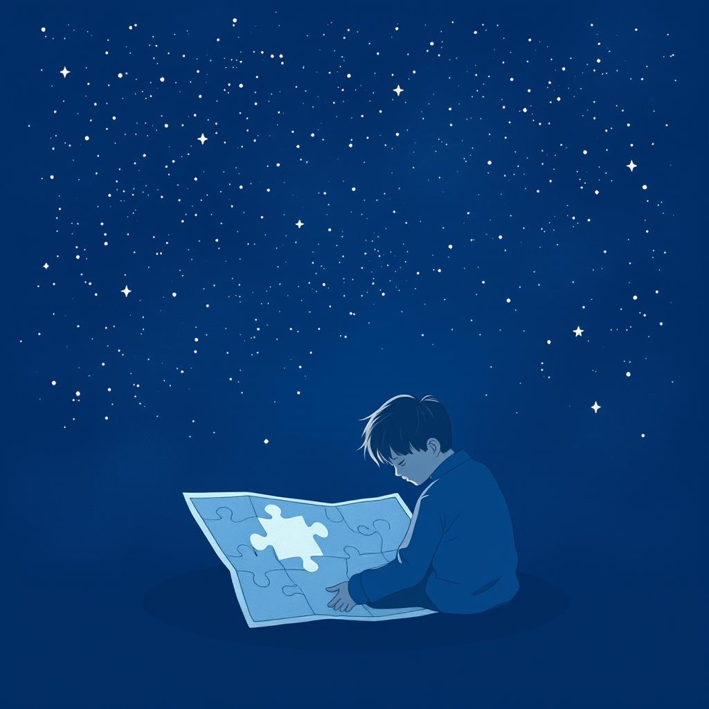 A navy blue-themed illustration showcasing a starry sky, symbolizing autism