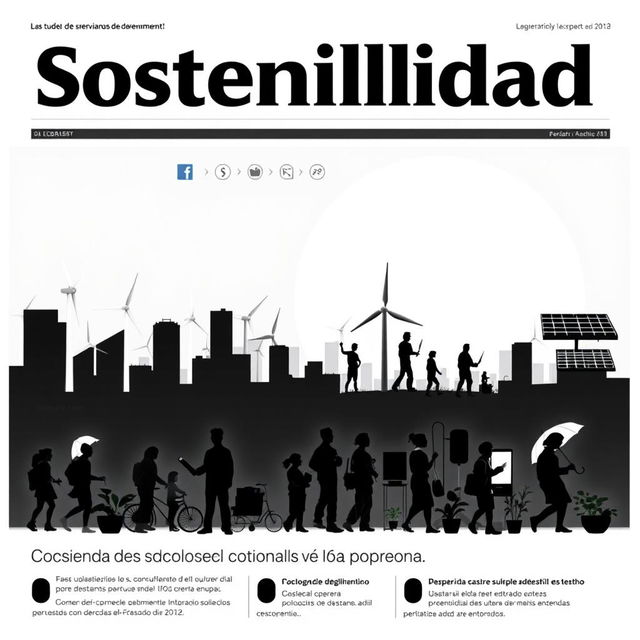 A striking black and white newspaper cover in Spanish focusing on sustainability for development