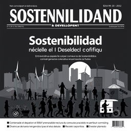 A striking black and white newspaper cover in Spanish focusing on sustainability for development