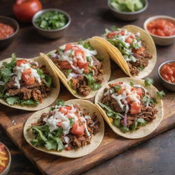 A vibrant street food scene showcasing $1 tacos. The tacos are filled with juicy grilled meat, fresh greens, chunky salsa, and a sprinkle of cheese, served on a rustic wooden stand.