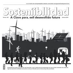 A striking black and white newspaper cover in Spanish focusing on sustainability for development