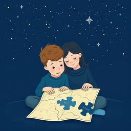 A navy blue-themed illustration featuring a starry sky, symbolizing autism