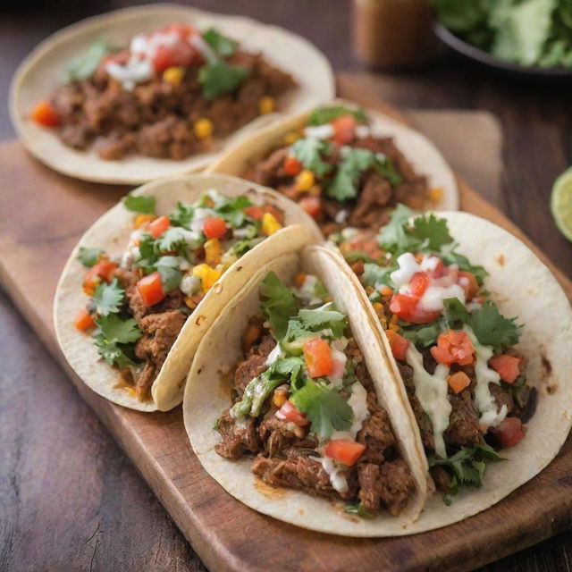 A vibrant street food scene showcasing $1 tacos. The tacos are filled with juicy grilled meat, fresh greens, chunky salsa, and a sprinkle of cheese, served on a rustic wooden stand.