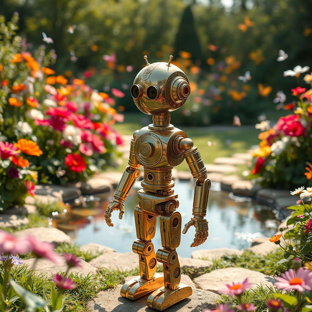 A serene robotic figure standing in a tranquil garden