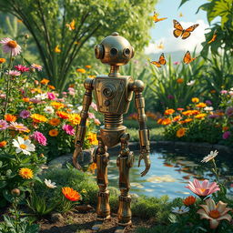 A serene robotic figure standing in a tranquil garden