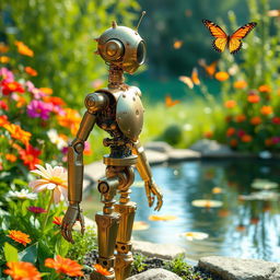 A serene robotic figure standing in a tranquil garden