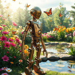 A serene robotic figure standing in a tranquil garden