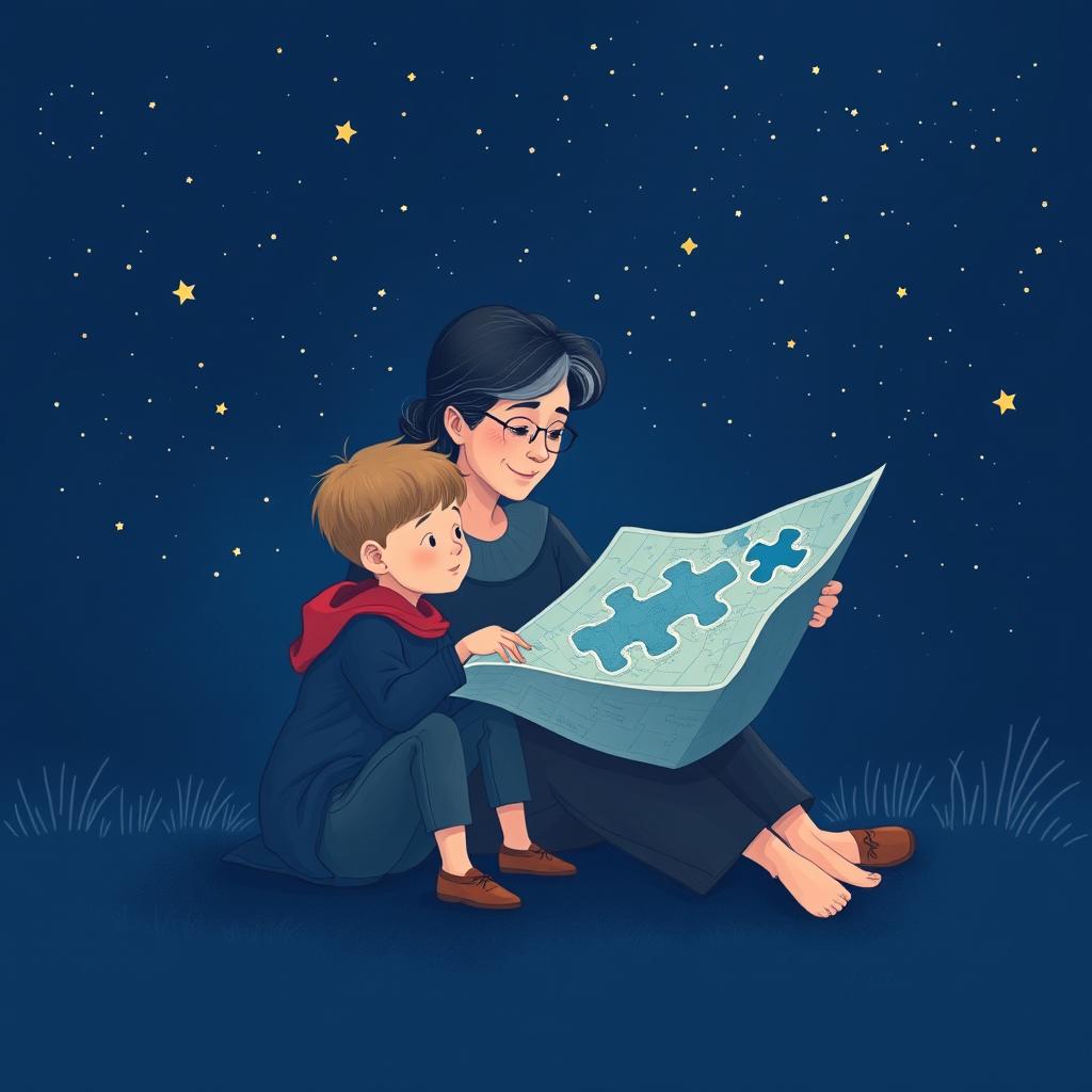 A navy blue-themed illustration featuring a starry sky, symbolizing autism