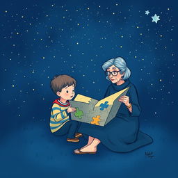 A navy blue-themed illustration featuring a starry sky, symbolizing autism