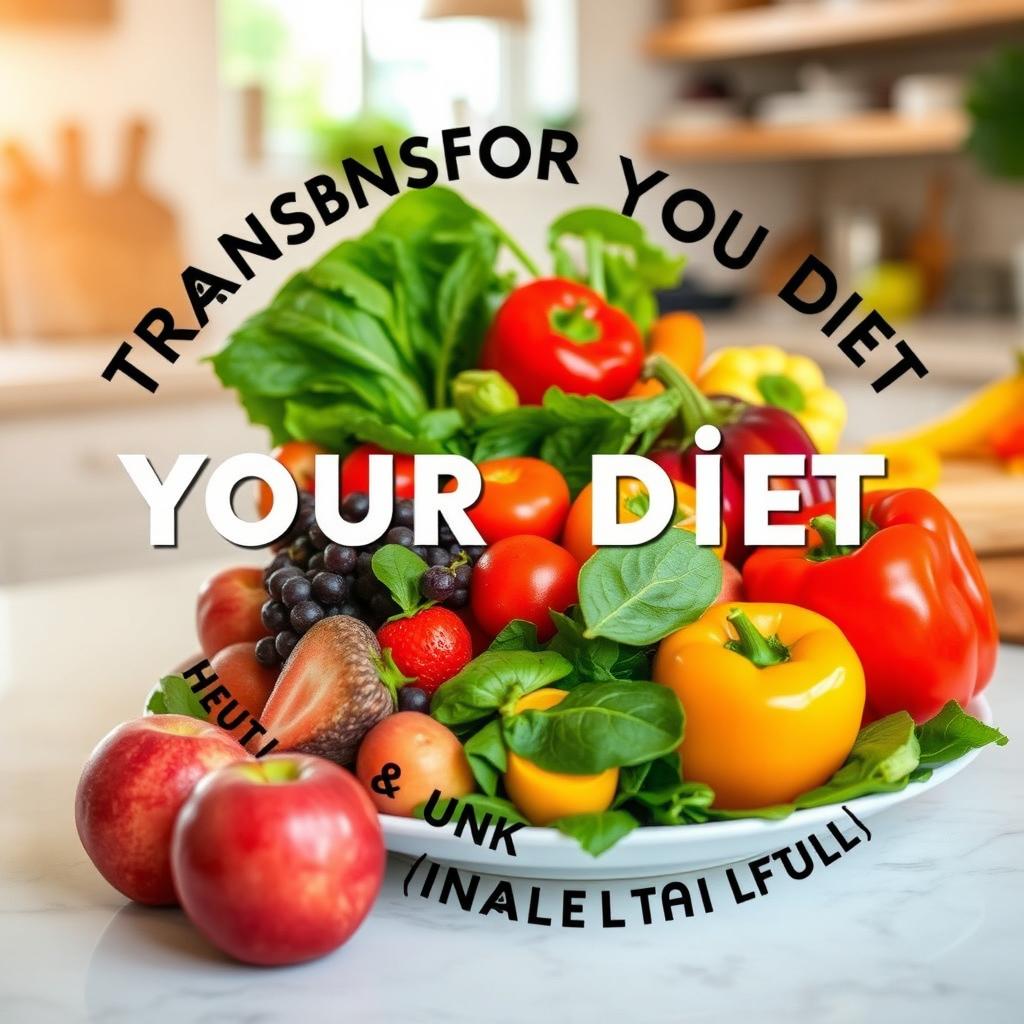 Transform your diet for healthy weight loss featured by a vibrant assortment of fresh fruits and vegetables like apples, spinach, and bell peppers arranged artfully on a plate, surrounded by a dynamic wave of inspirational texts highlighting transformation, health, and vitality