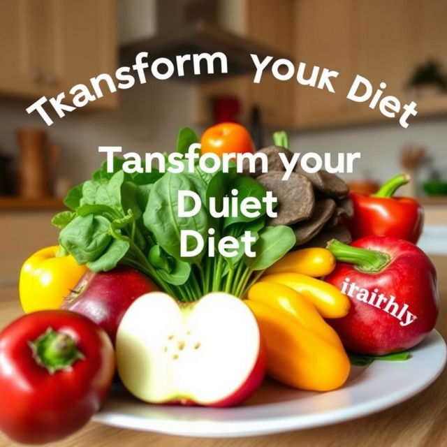 Transform your diet for healthy weight loss featured by a vibrant assortment of fresh fruits and vegetables like apples, spinach, and bell peppers arranged artfully on a plate, surrounded by a dynamic wave of inspirational texts highlighting transformation, health, and vitality