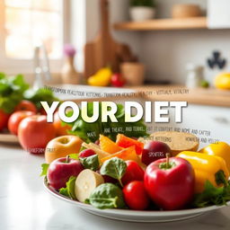 Transform your diet for healthy weight loss featured by a vibrant assortment of fresh fruits and vegetables like apples, spinach, and bell peppers arranged artfully on a plate, surrounded by a dynamic wave of inspirational texts highlighting transformation, health, and vitality