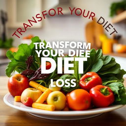 Transform your diet for healthy weight loss featured by a vibrant assortment of fresh fruits and vegetables like apples, spinach, and bell peppers arranged artfully on a plate, surrounded by a dynamic wave of inspirational texts highlighting transformation, health, and vitality