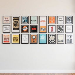 a studio wall with 18 different framed titles neatly arranged in a visually pleasing grid pattern, each frame having a unique design that reflects the theme of the title represented, showcasing a variety of art styles and typography