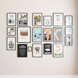 a studio wall with 18 different framed titles neatly arranged in a visually pleasing grid pattern, each frame having a unique design that reflects the theme of the title represented, showcasing a variety of art styles and typography