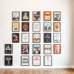 a studio wall with 18 different framed titles neatly arranged in a visually pleasing grid pattern, each frame having a unique design that reflects the theme of the title represented, showcasing a variety of art styles and typography