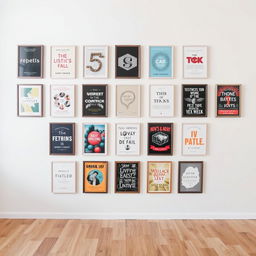 a studio wall with 18 different framed titles neatly arranged in a visually pleasing grid pattern, each frame having a unique design that reflects the theme of the title represented, showcasing a variety of art styles and typography