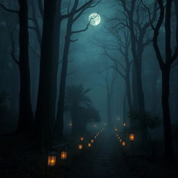 A mysterious forest landscape shrouded in mist, with tall ancient trees and a narrow winding path lined with glowing lanterns