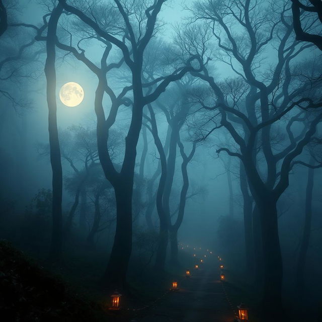 A mysterious forest landscape shrouded in mist, with tall ancient trees and a narrow winding path lined with glowing lanterns