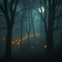 A mysterious forest landscape shrouded in mist, with tall ancient trees and a narrow winding path lined with glowing lanterns