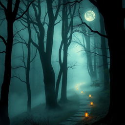 A mysterious forest landscape shrouded in mist, with tall ancient trees and a narrow winding path lined with glowing lanterns