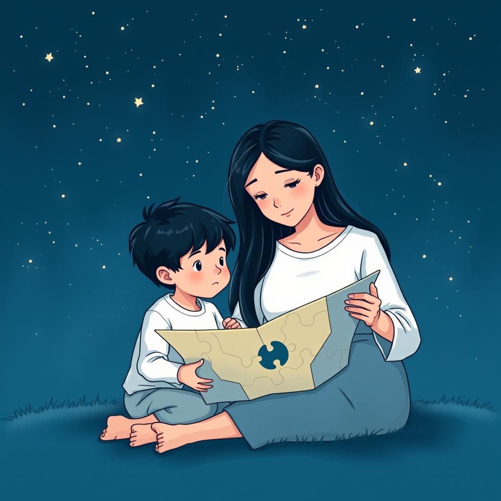 A navy blue-themed illustration featuring a starry sky, symbolizing autism