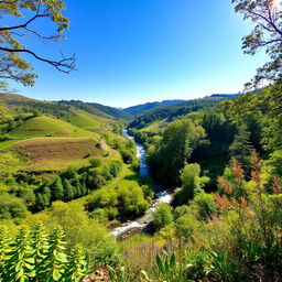 A stunning view of a lush and vibrant natural landscape, showcasing rolling hills, a flowing river, and a variety of plant life