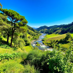 A stunning view of a lush and vibrant natural landscape, showcasing rolling hills, a flowing river, and a variety of plant life