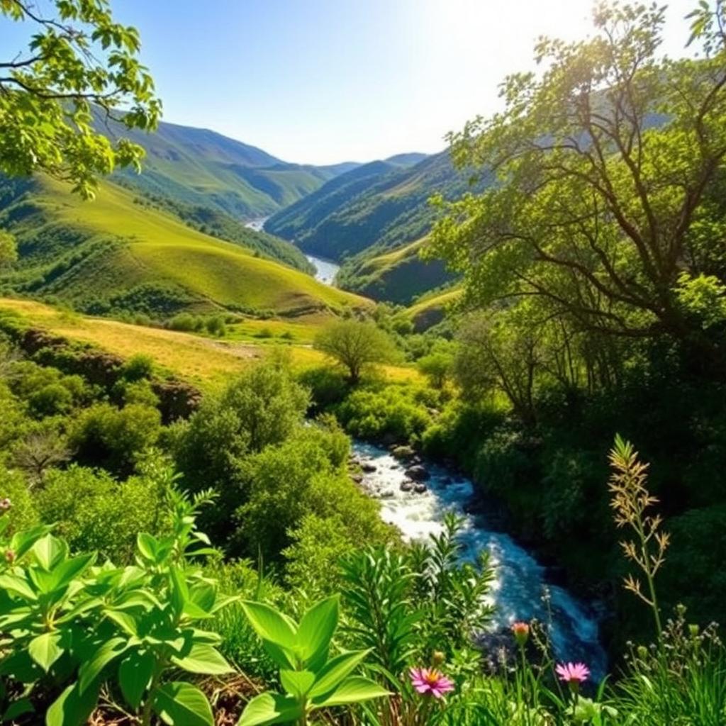 A stunning view of a lush and vibrant natural landscape, showcasing rolling hills, a flowing river, and a variety of plant life