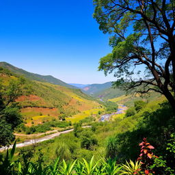 A stunning view of a lush and vibrant natural landscape, showcasing rolling hills, a flowing river, and a variety of plant life