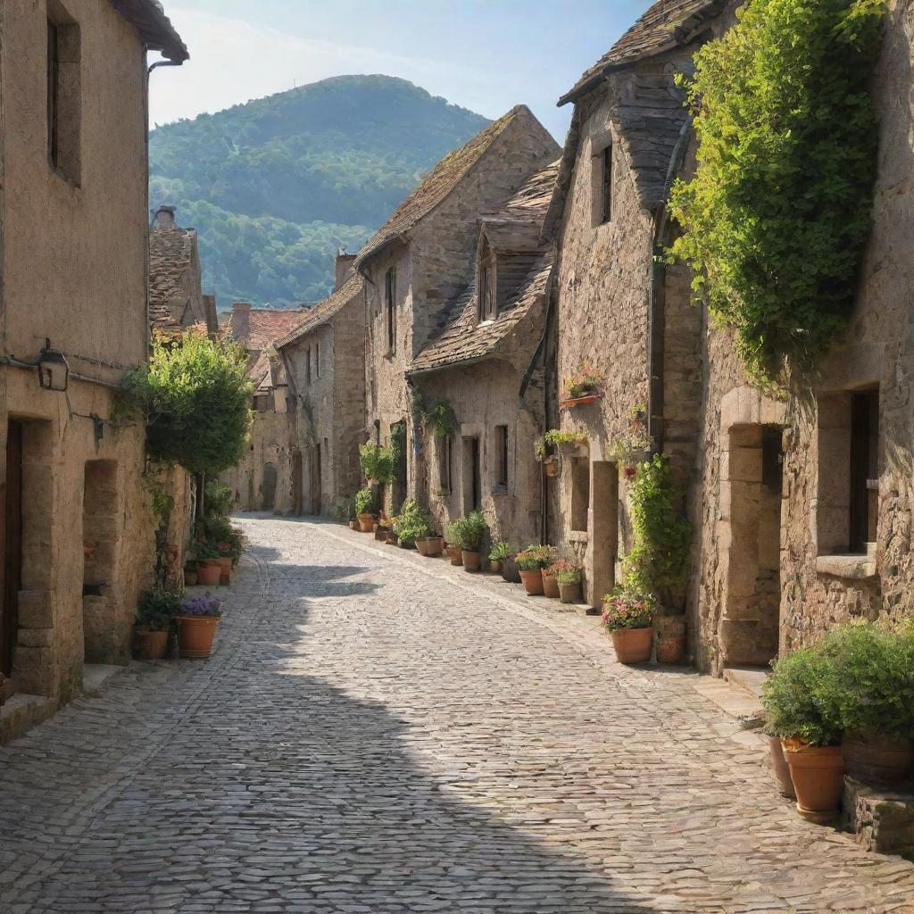 A quaint little village with rustic, aged buildings, cobblestone streets, and a serene rural setting