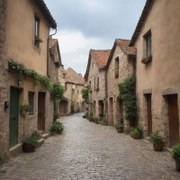 A quaint little village with rustic, aged buildings, cobblestone streets, and a serene rural setting