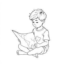 A young boy is depicted in fine black line art, sitting thoughtfully as he reads a map