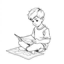 A young boy is depicted in fine black line art, sitting thoughtfully as he reads a map