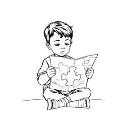 A young boy is depicted in fine black line art, sitting thoughtfully as he reads a map