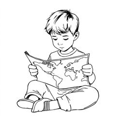 A young boy is depicted in fine black line art, sitting thoughtfully as he reads a map