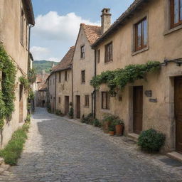 A quaint little village with rustic, aged buildings, cobblestone streets, and a serene rural setting