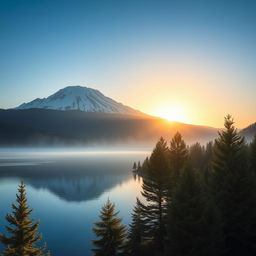 A serene landscape featuring a snow-capped mountain under a clear blue sky