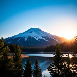 A serene landscape featuring a snow-capped mountain under a clear blue sky