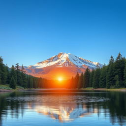 A serene landscape featuring a snow-capped mountain under a clear blue sky