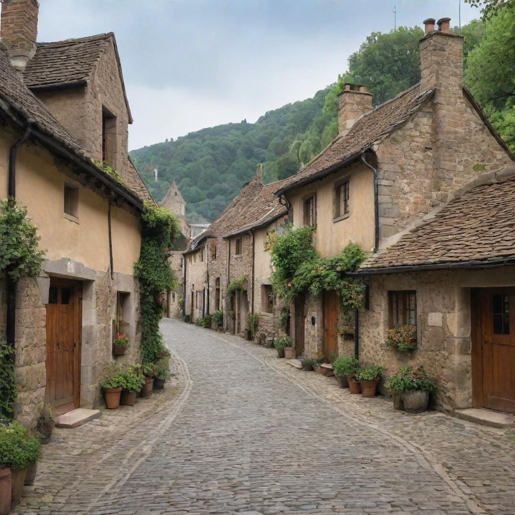 A quaint little village with rustic, aged buildings, cobblestone streets, and a serene rural setting